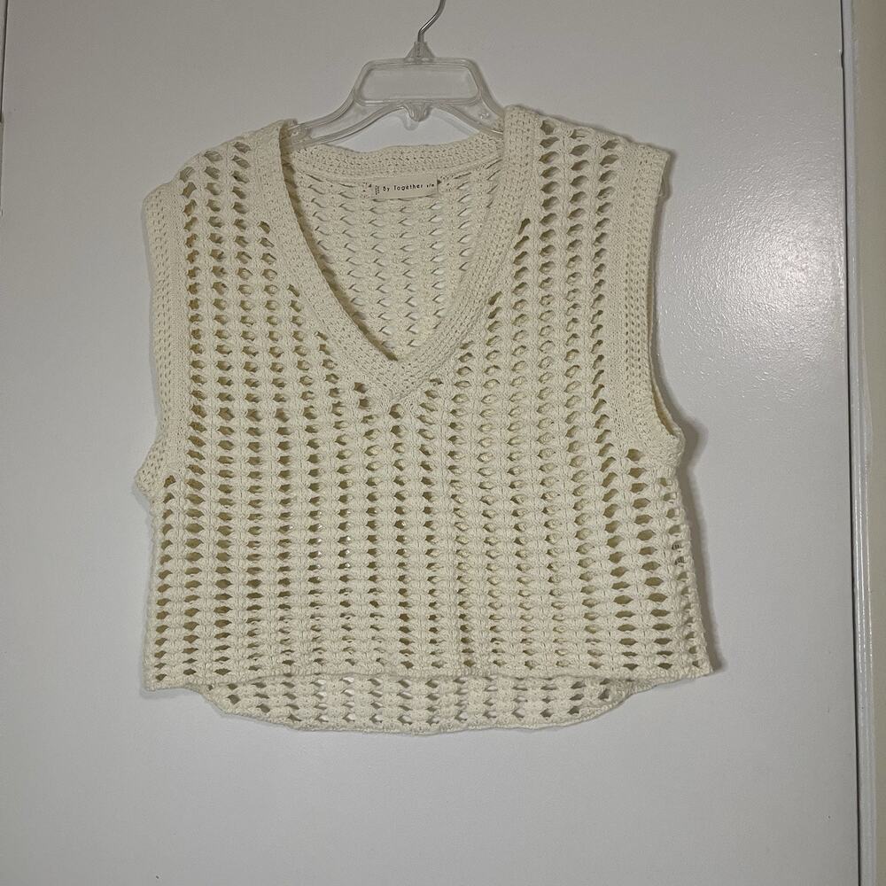 by together ivory crochet cotton acrylic v-neck sweater vest s/m